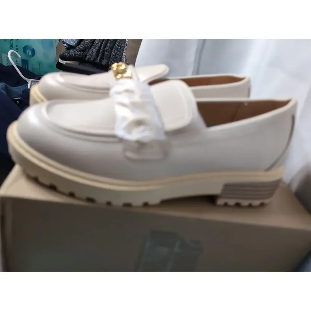 Coutgo Girls Platform Penny Loafers Chain Dress Shoes Beige Size 3